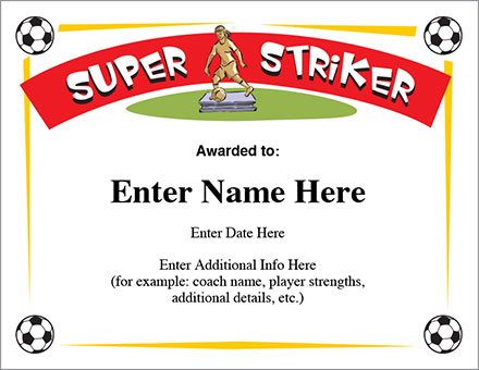 Super Striker Soccer Award Certificate