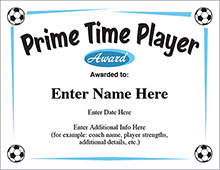 Soccer printable certificate prime time player