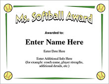 Softball Certificates - Ms. Softball Award