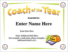 Baseball Coach of the Year certificate image