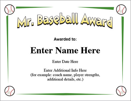 Mr. Baseball Award Certificate