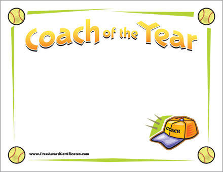 Coach Of The Year Certificate Softball Award Template