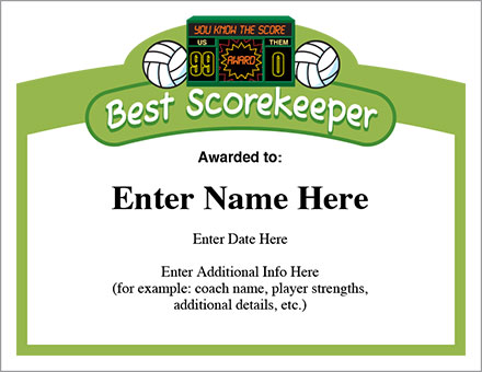 Best Scorekeeper Volleyball Certificate