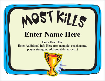 Most Kills Volleyball Certificate