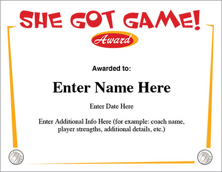 She Got Game Volleyball Certificate