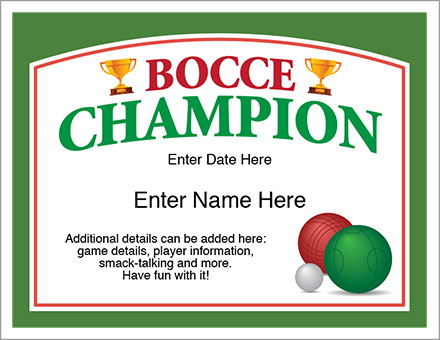 Bocce Champion award certificate