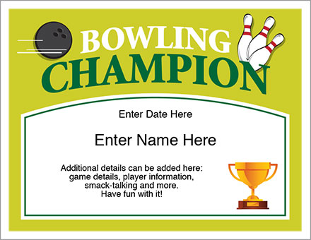 Bowling Champion Award Certificate