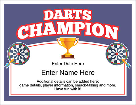 Darts Champion Award Certificate