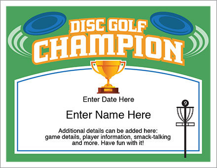 Disc Golf Champion award certificate
