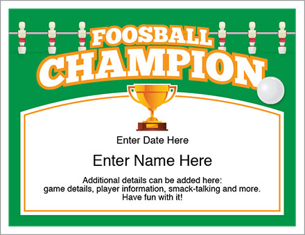 Foosball Champion award certificate